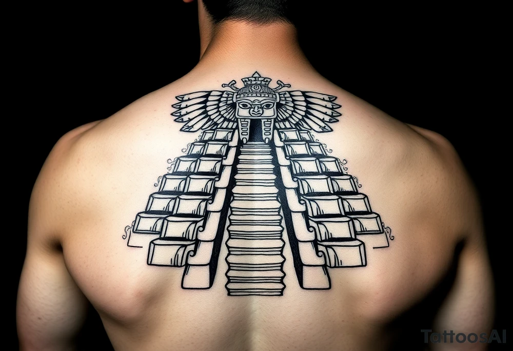 Quetzalcoatl Aztec pyramid treasure black and white tattoo idea