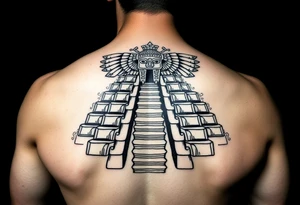 Quetzalcoatl Aztec pyramid treasure black and white tattoo idea