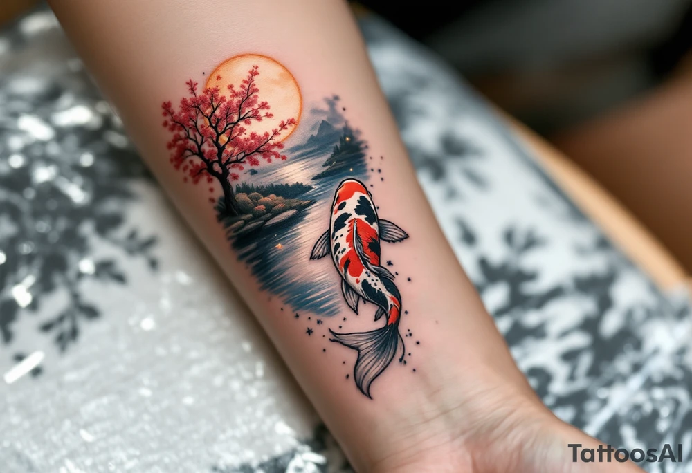 a koi fish swimming upstream in a pond moonlight by the full moon with a sakura tree by the pond surrounded by lighting tattoo idea