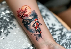 a koi fish swimming upstream in a pond moonlight by the full moon with a sakura tree by the pond surrounded by lighting tattoo idea