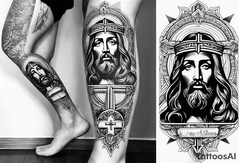 jesus leg tattoo with a cross and bible verse tattoo idea