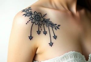 Vintage floral lace and delicate jewelry inspired with draping chains and 5 pointed crystal star charms. Make it cover the entire upper arm/shoulder please tattoo idea