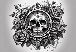 tattoo sleeve, tree roots break out of the chains at the bottom of the hand, Symbolizing loss, an image of a broken mask, Clock with flying numbers, girl, skull, roses tattoo idea