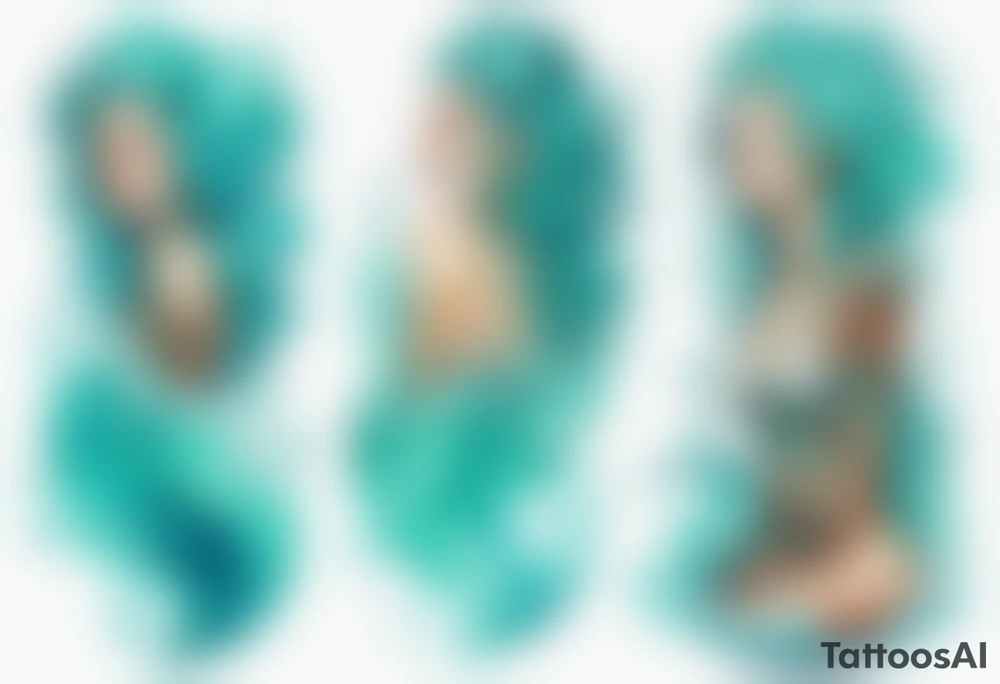 a tall woman made of water with turquoise hair sitting upon a wave tattoo idea