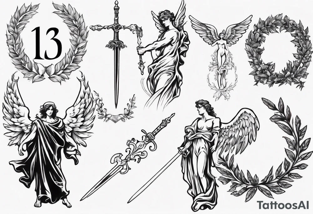 number 13, a laurel leaf wreath, and a Male angel holding sword tattoo idea