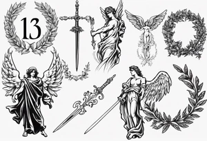 number 13, a laurel leaf wreath, and a Male angel holding sword tattoo idea