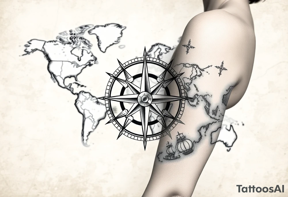 antique compass rose overlaid on weathered world map with sailing ships tattoo idea