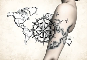 antique compass rose overlaid on weathered world map with sailing ships tattoo idea