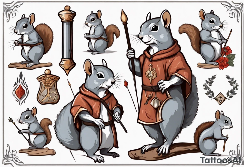 a grey squirrel dressed in a medieval tunic holding a silver staff tattoo idea