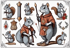 a grey squirrel dressed in a medieval tunic holding a silver staff tattoo idea