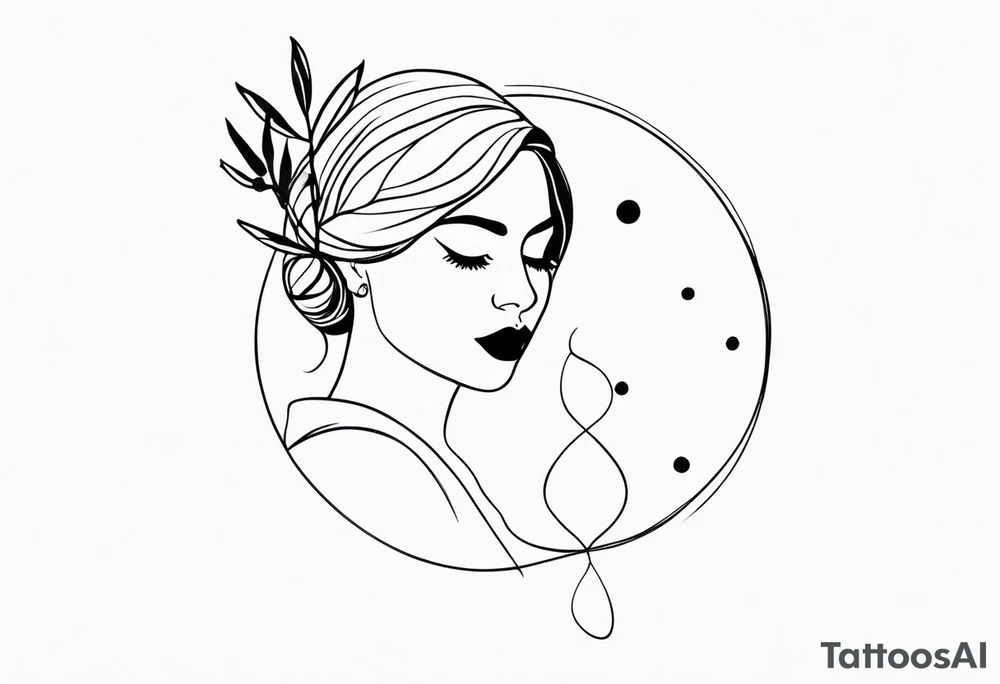 tiny tattoo outline of a woman and olive branch and four dots tattoo idea