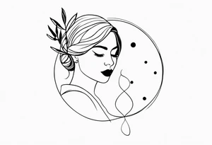 tiny tattoo outline of a woman and olive branch and four dots tattoo idea