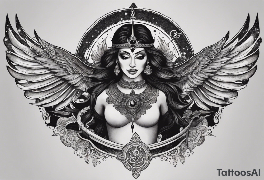 black kali, goddess pirate, alien, angel, pachamama, valkrye, warrior, flying, skull, lotus azul, wing, eagle, zenza resonance, stars, 5D, anahata chakra, death, durga, riding on a tiger, flying lady, kundalini, chest tatoo tattoo idea