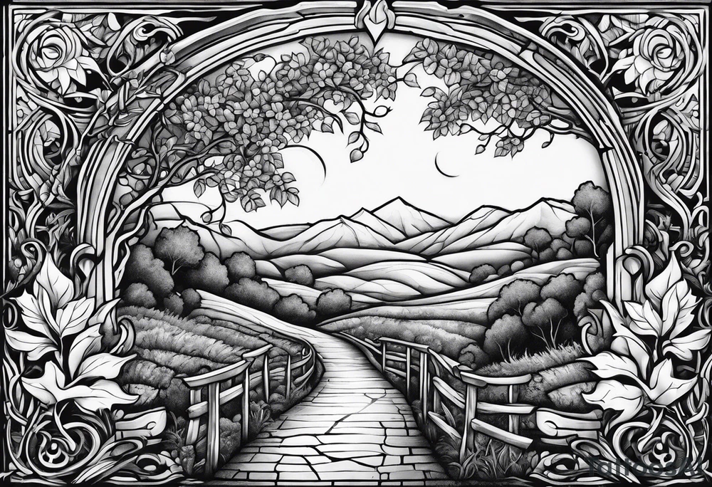 stone road over leafy vines tattoo idea