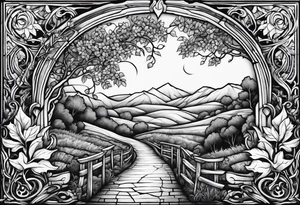 stone road over leafy vines tattoo idea