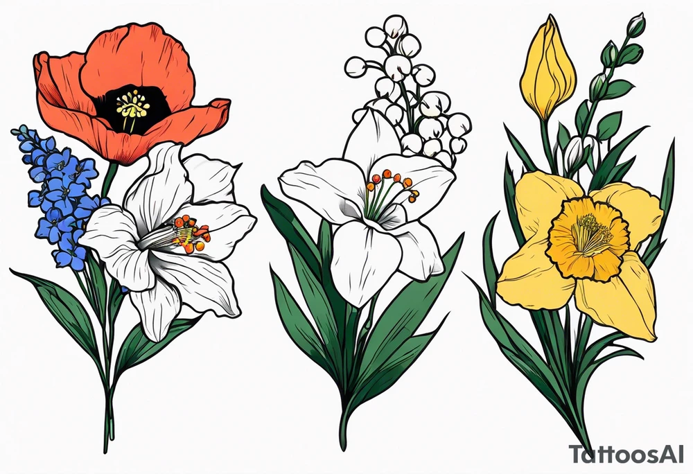 Poppy, larkspur, Lily of the valley, daffodil, flower bouquet, portrait style tattoo idea