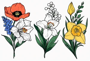 Poppy, larkspur, Lily of the valley, daffodil, flower bouquet, portrait style tattoo idea