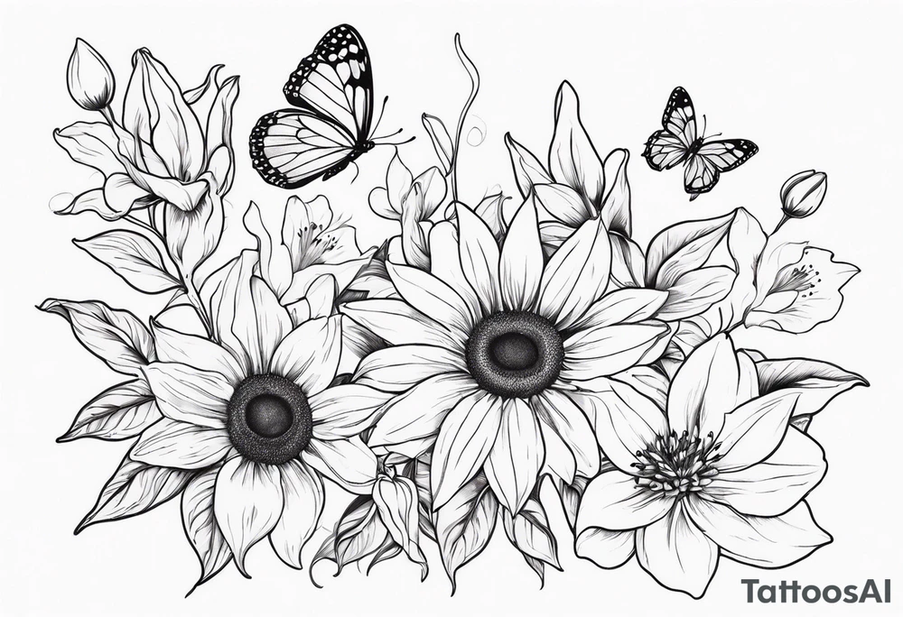 Sunflower and lily with butterflies tattoo idea