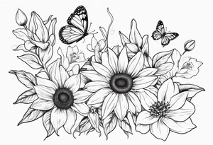 Sunflower and lily with butterflies tattoo idea