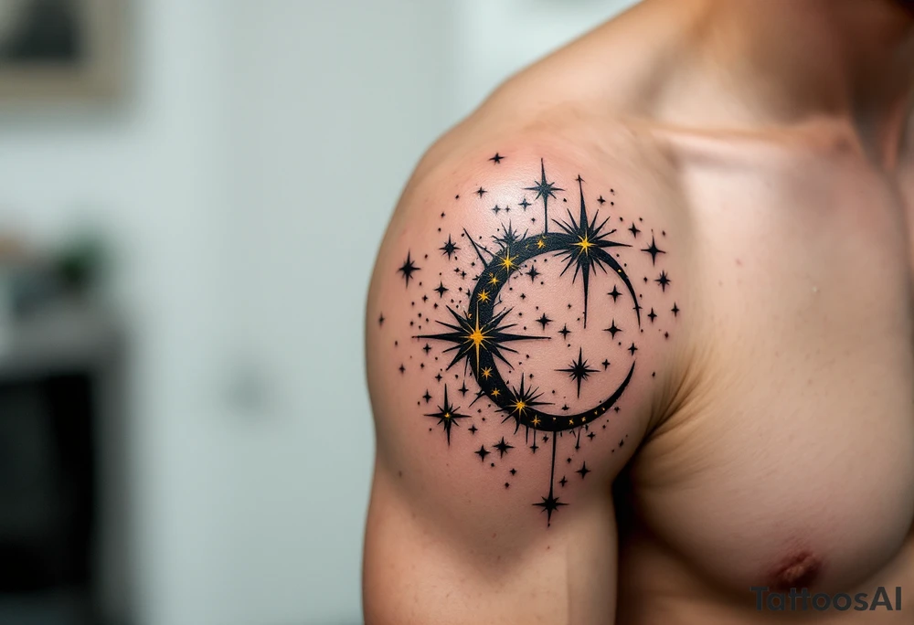 An abstract Capricorn star constellation tattoo featuring bold black lines and radiant yellow stars scattered in the pattern tattoo idea