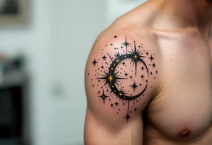 An abstract Capricorn star constellation tattoo featuring bold black lines and radiant yellow stars scattered in the pattern tattoo idea