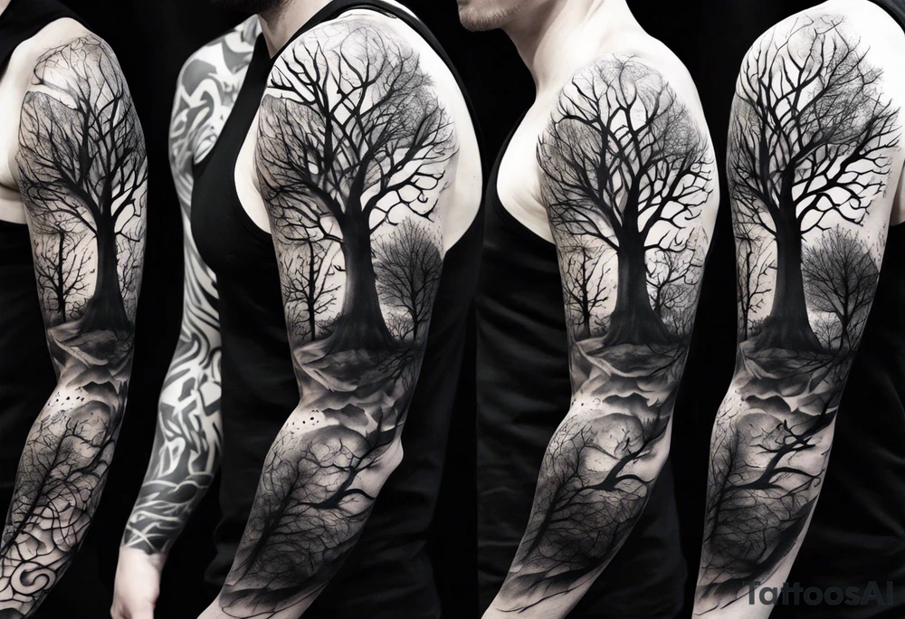 full arm sleeve tattoo with scary tree tattoo idea