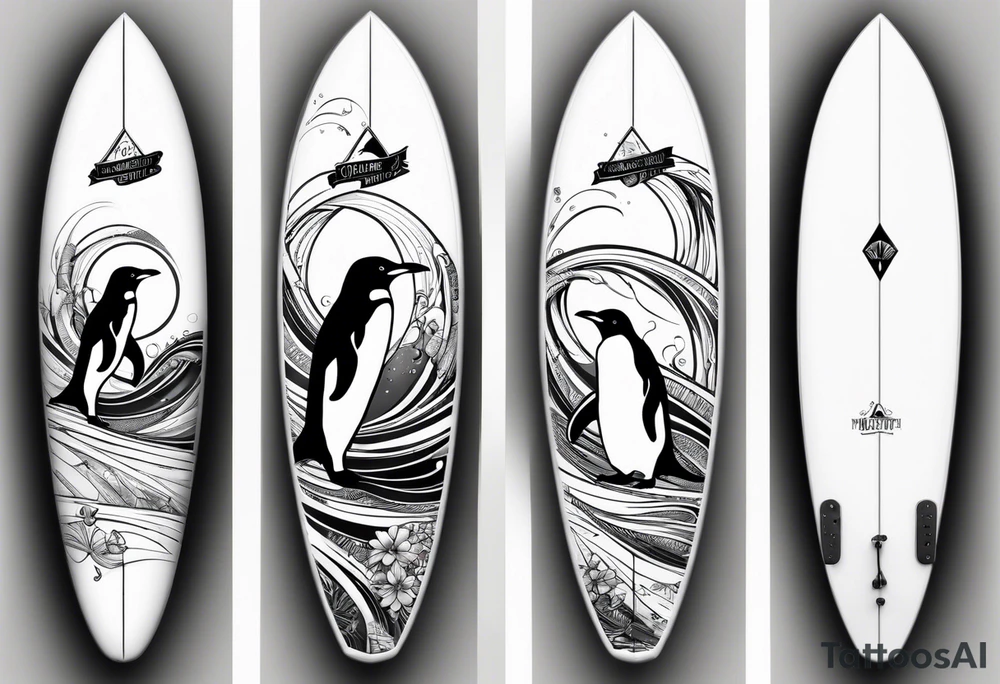 Surfboard outline with a penguin inside and the date 25/07 tattoo idea