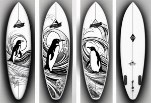 Surfboard outline with a penguin inside and the date 25/07 tattoo idea