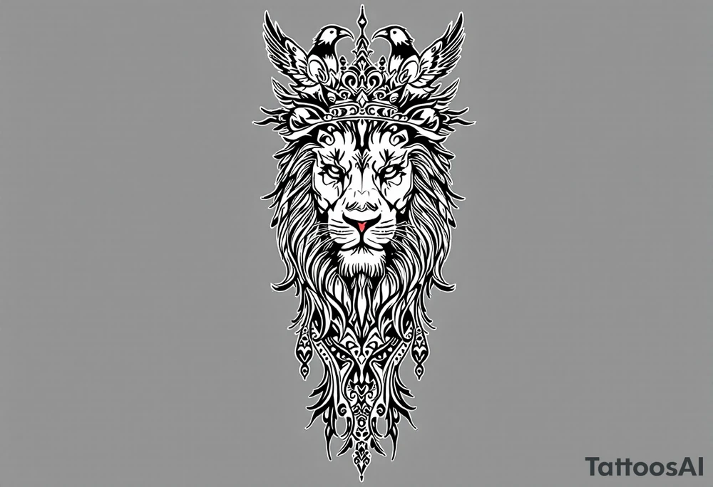 powerful majestic lion with a crown, surrounded by floral ornaments and birds tattoo idea
