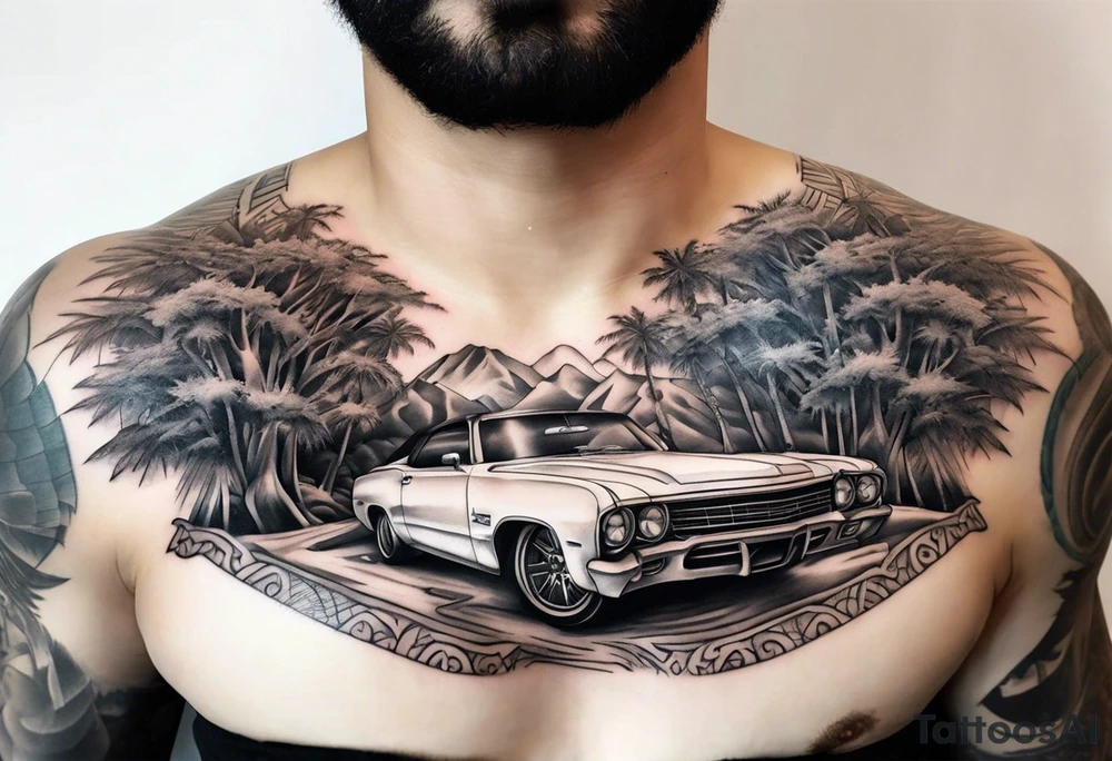 full chest tattoo with plam trees and car california style tattoo idea