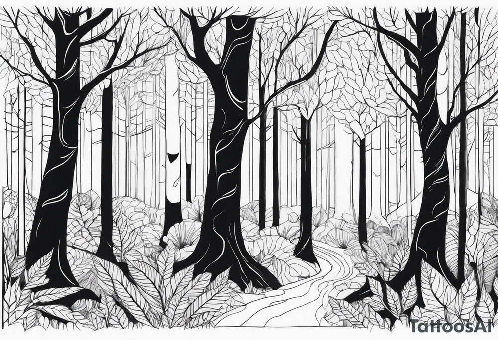 Draw me a Magical forest with s lot of trees in 2D and every tree is black and you see every trees leafs tattoo idea