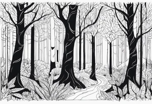 Draw me a Magical forest with s lot of trees in 2D and every tree is black and you see every trees leafs tattoo idea