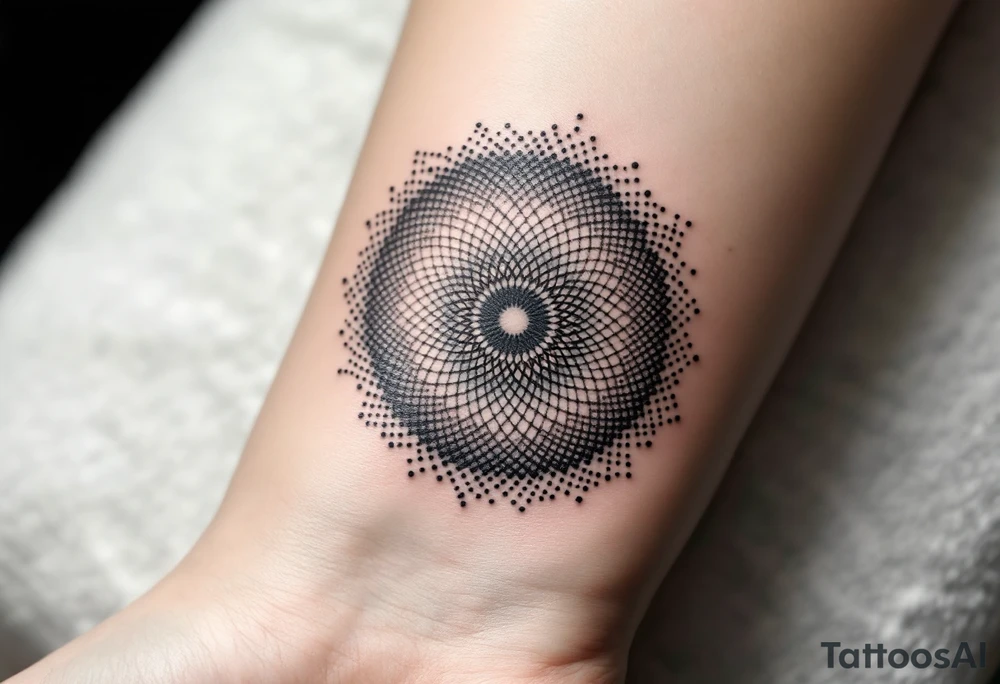 A dotwork circle in black ink fading into soft gradients of gray, forming a mandala-like texture. tattoo idea