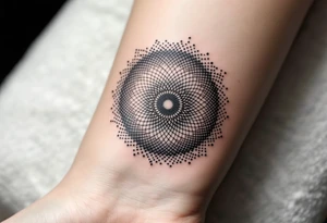 A dotwork circle in black ink fading into soft gradients of gray, forming a mandala-like texture. tattoo idea
