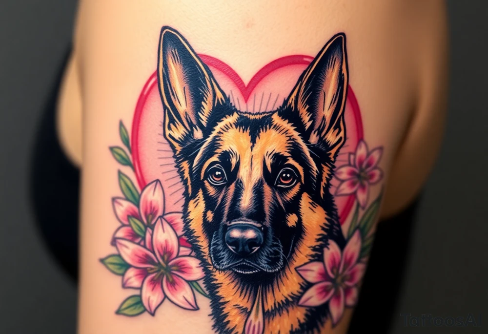 realistic german shepherd with alert ears looking protective surrounded by pink lilies with leaves in front of a sacred heart tattoo idea