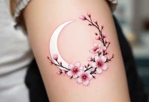 Cherry Blossom & Moon – A circular tattoo with a white crescent moon framed by a curved cherry blossom branch. Blossoms are in light pink and blush tones with soft shadows. tattoo idea