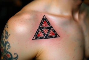 A bold tribal-style triquetra, filled with deep red and black patterns tattoo idea