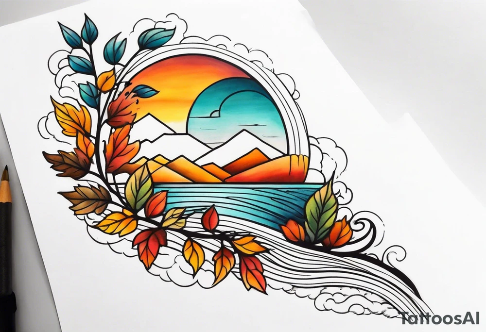 Knee tattoo with fall colors showing leaves, water flow and sky tattoo idea