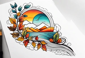 Knee tattoo with fall colors showing leaves, water flow and sky tattoo idea
