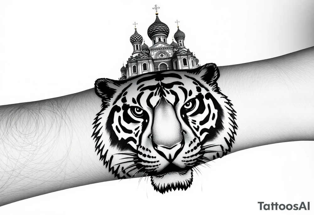 Realistic tiger face on the back of the hand with its eyes ALL black and no pupils, sitting beneath a Russian Orthodox cathedral sitting above on the top fore arm with onion domes and orthodox crosses. with clouds above and a virgin mary tattoo idea