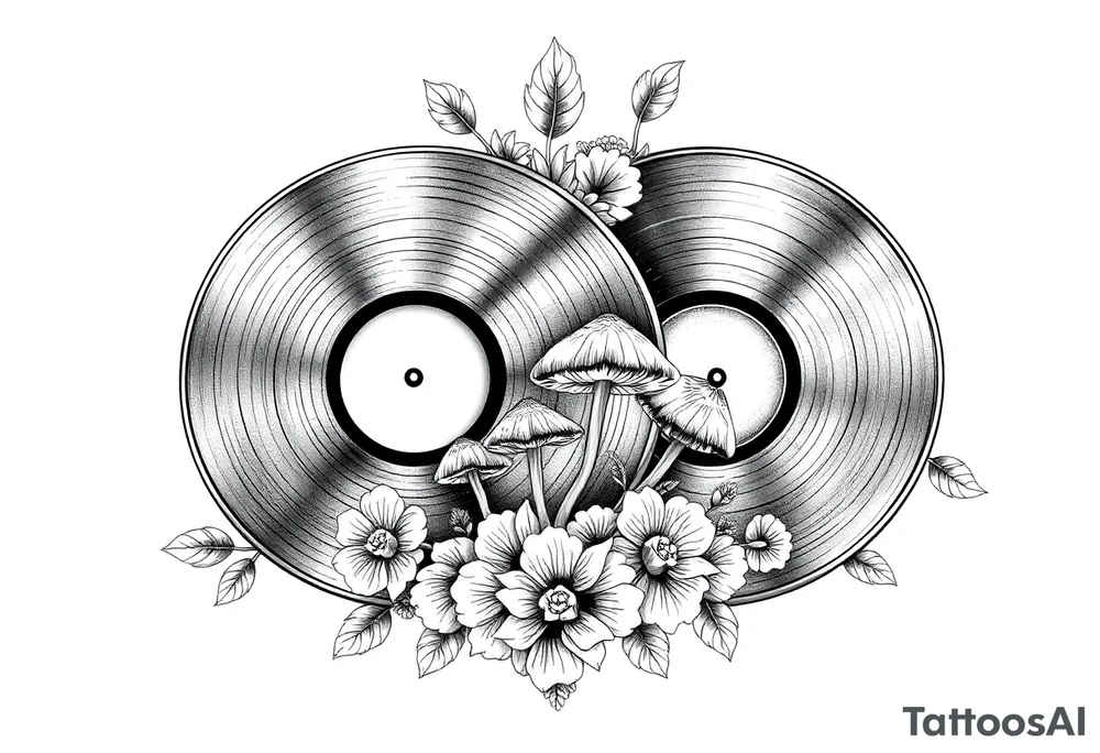 two overlapping vinyl records with mushrooms and flowers tattoo idea two overlapping vinyl records with mushrooms and flowers tattoo idea