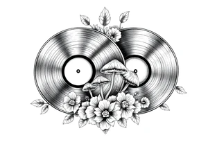 two overlapping vinyl records with mushrooms and flowers tattoo idea