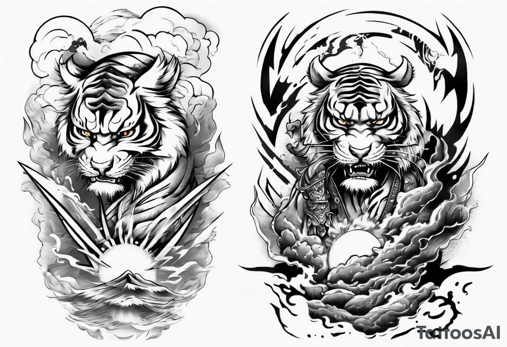 tiger warrior with lightning and the sun for a forearm sleeve tattoo idea