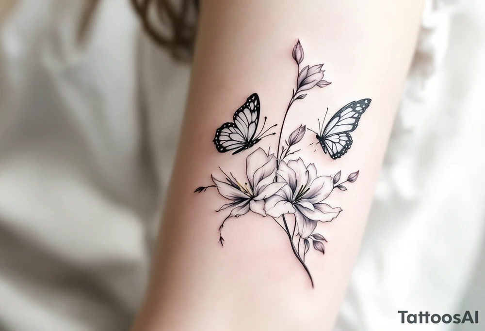 A delicate and highly detailed tattoo design featuring elegant flowers and two butterflies, symbolizing family, love, and the bond between a mother and her children. The flowers, such as lilies or peonies, represent protection, beauty, and unconditional love. Two butterflies gracefully flying around the flowers symbolize the children, Zackary and Charlie, representing their growth and freedom. Their names should be subtly integrated into the design, either along the stems of the flowers, within the butterfly wings, or in an elegant script flowing naturally with the composition. The tattoo should have a soft, flowing aesthetic with fine details, subtle shading, and a harmonious balance between nature and symbolism. The style can be fine line, realistic, or watercolor for a timeless and meaningful look. tattoo idea