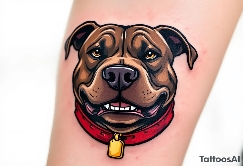 Comic-style pitbull with exaggerated grin, chocolate brown coat, thick black lines, bold red collar with a gold tag. tattoo idea