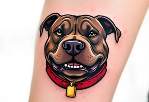 Comic-style pitbull with exaggerated grin, chocolate brown coat, thick black lines, bold red collar with a gold tag. tattoo idea