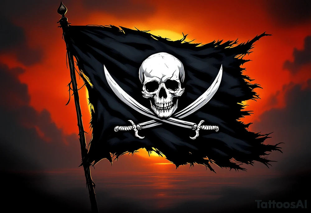 The Black Flag – A tattered black pirate flag with a white skull and crossed swords, flapping against a deep orange and red sunset. Torn edges and drips of crimson blood give it a battle-worn appearance. tattoo idea