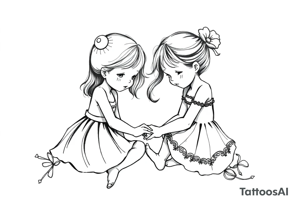 Zwei kleine mädchen sitzen sich gegenüber eine hat einen Dutt die andere einen Zopf und sie berühren sich an den Fußsohlen tattoo idea