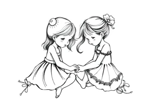 Zwei kleine mädchen sitzen sich gegenüber eine hat einen Dutt die andere einen Zopf und sie berühren sich an den Fußsohlen tattoo idea