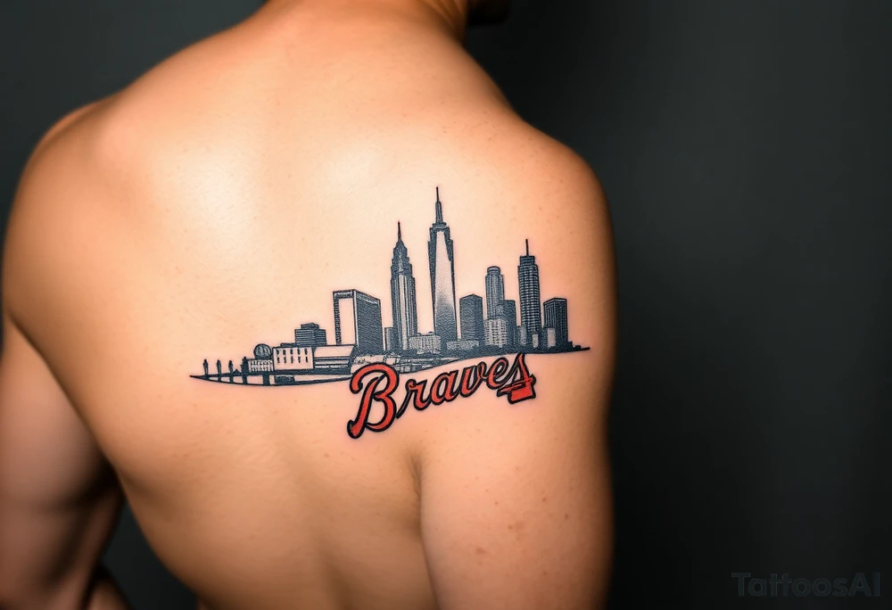 Atlanta skyline with Braves logo leg sleeve tattoo idea
